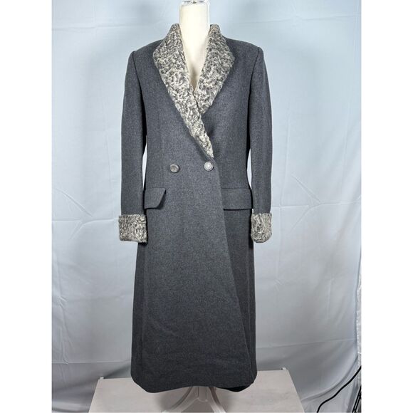 Vintage Harve Bernard Wool Shearling‎ Collar Long Over Coat Womens 10 Gray Union - Picture 1 of 16